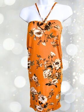 ARABELLA Spaghetti Strap Halter Tie Sundress Boho Cottagecore Orange Floral SZ S